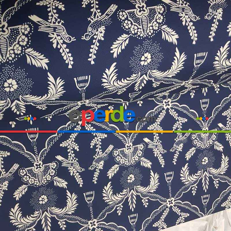 Lacivert Beyaz Kuş Desenli Fon Perde Evm716 Kumaşı Kalındır Duck Bezi Değildir- Lacivert-Beyaz