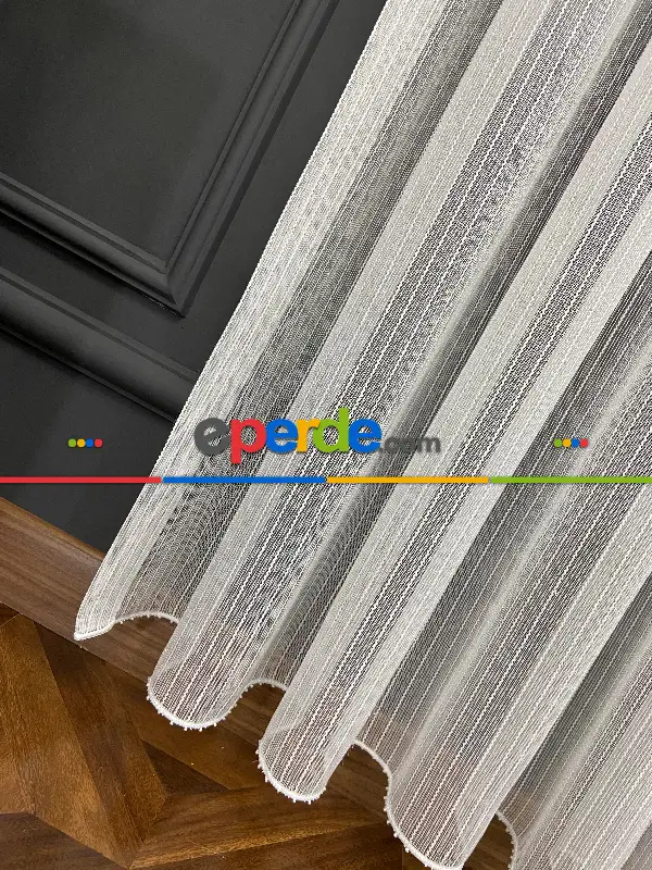 Panorama Keten Zemin Çizgili Tül- Ekru - Kurşunlu Tül