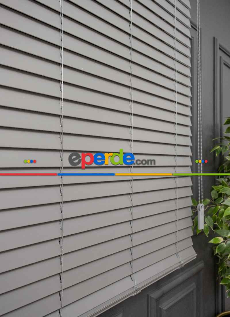 2025 Sezonu - Ahşap Görünümlü 50 Mm - Gri Jaluzi Perde - Alev Almaz - Sudan Etkilenmez