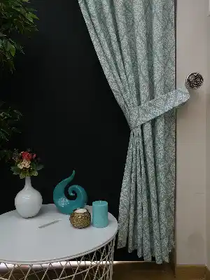 Damask Desenli Salon Odası Fon Perde- Turkuaz