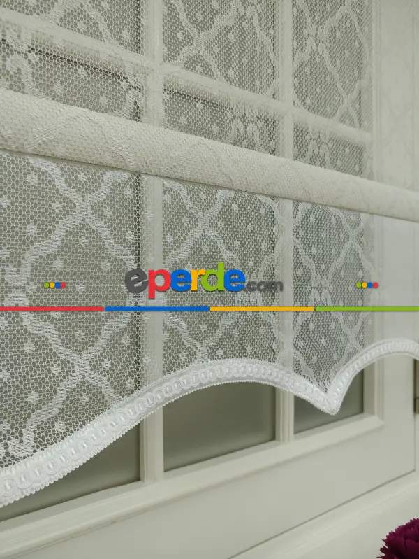 Jakar Örme Tül- Ekru Çiftli Sistem Dantel Desenli Perde- Ekru