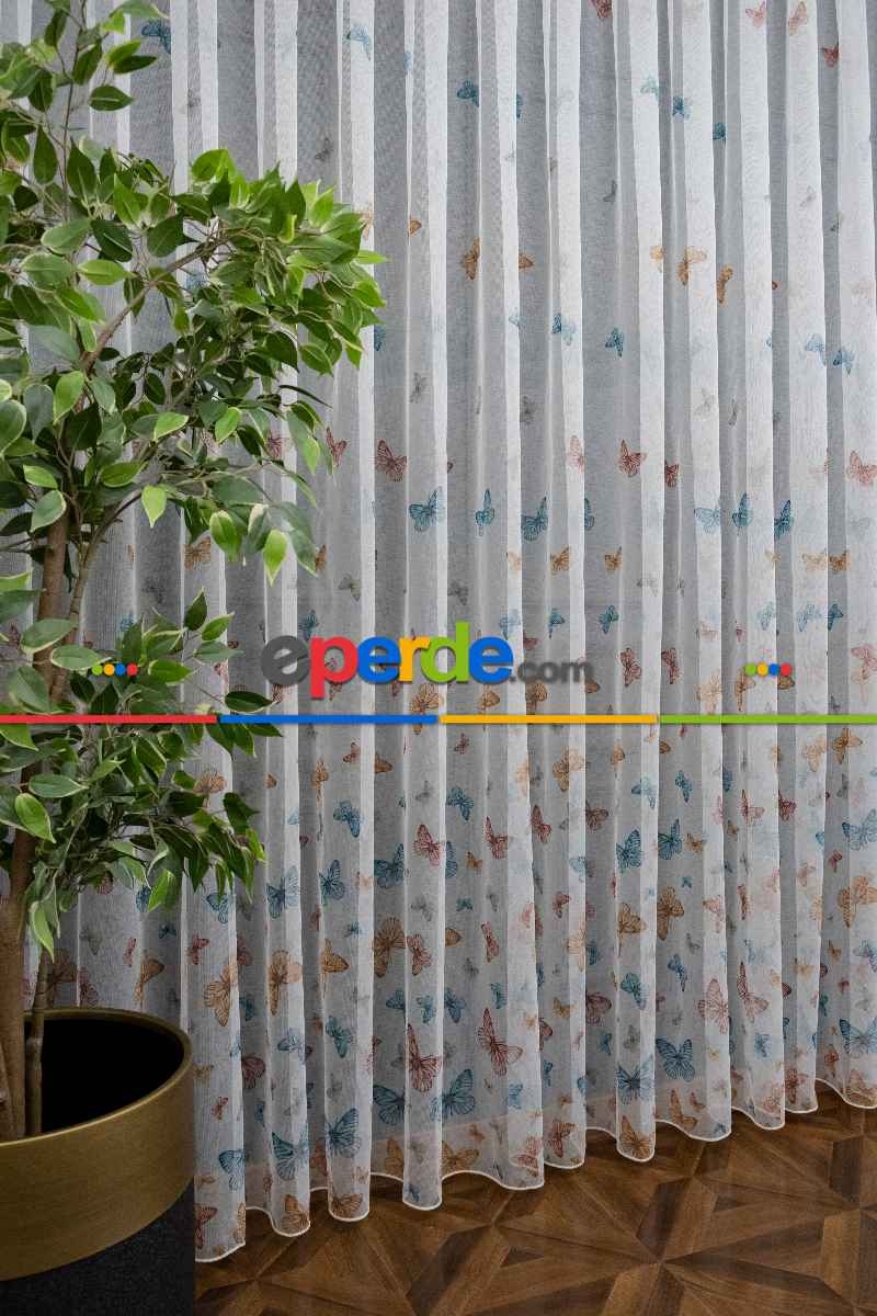 Brillant Kelebek Desen Model Tarz Tasarım Renkli Tül Perde - Kurşunlu Tül