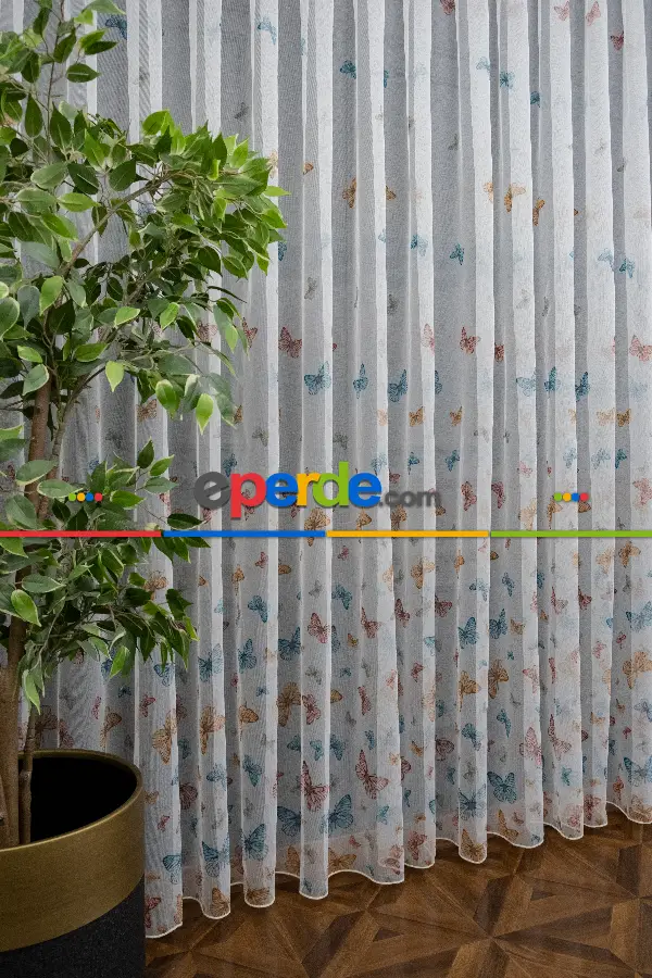 Brillant Kelebek Desen Model Tarz Tasarım Renkli Tül Perde - Kurşunlu Tül