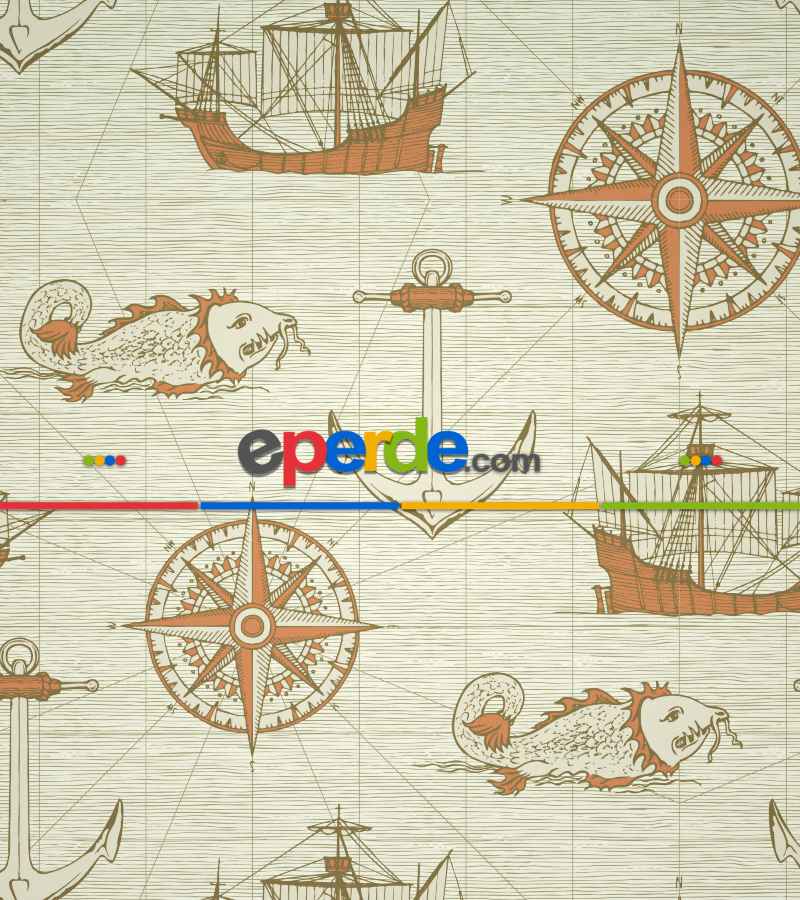 Denizci Desenli Baskılı Stor Perde- Turuncu-çok Renkli