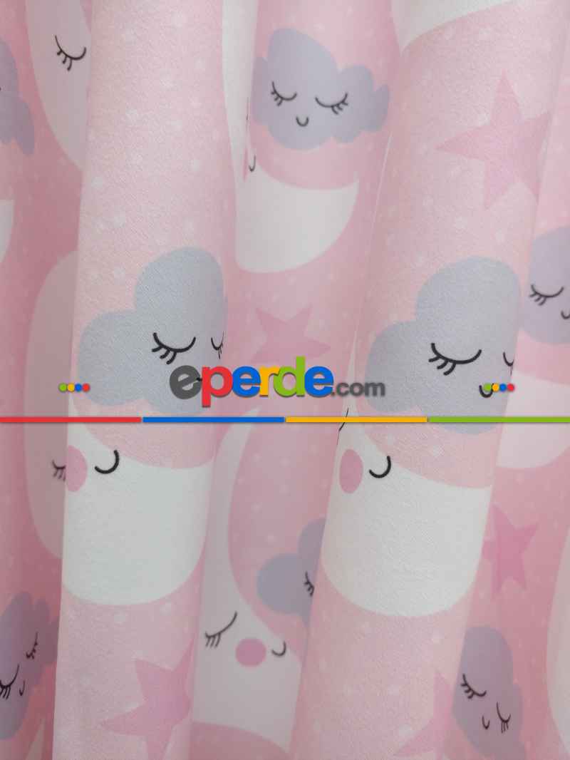 Kız Çocuk Odası Fon Perde - Ay Dede Desenli Fon Perde Modelleri - Pembe Mavi