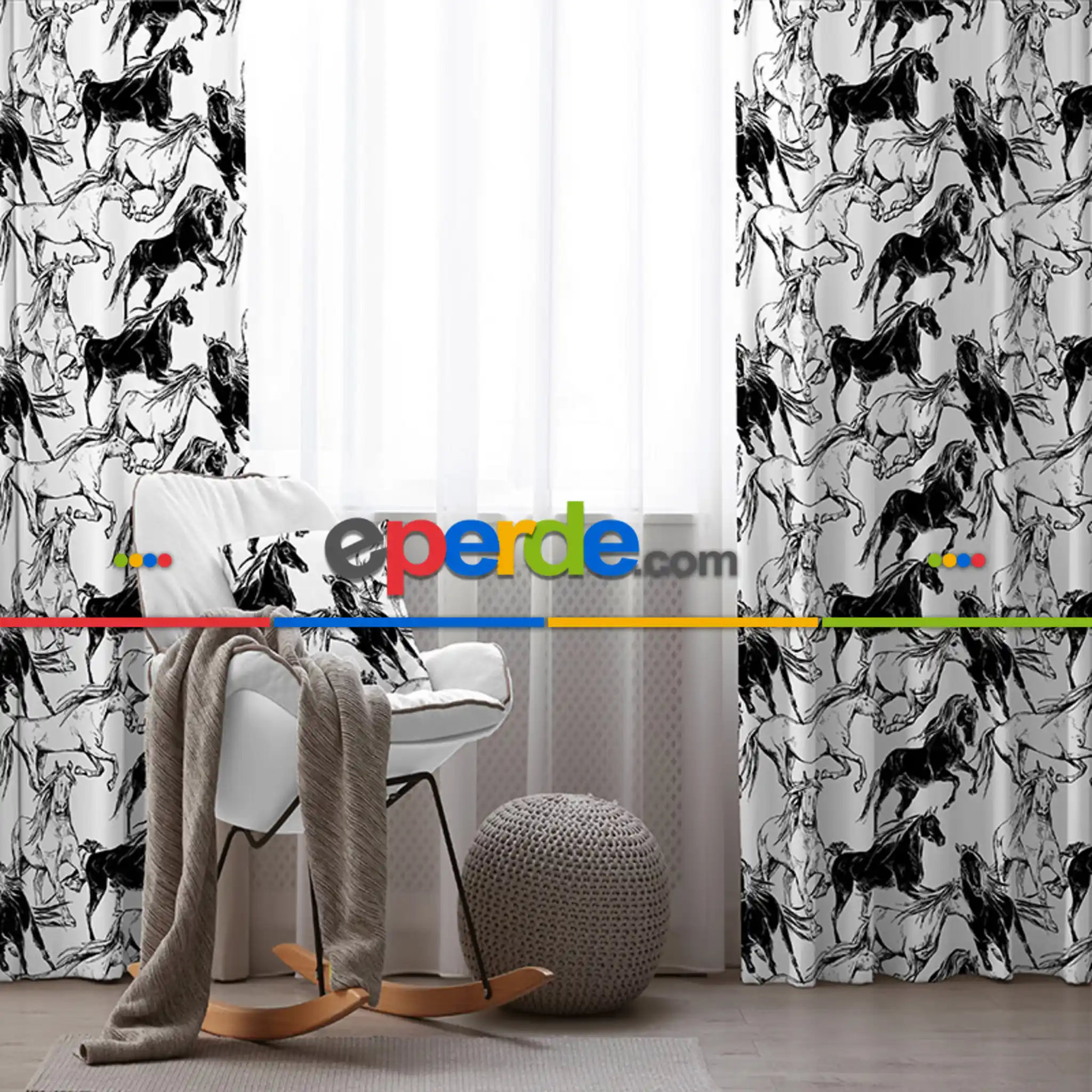 Genç Odası - At Desenli Fon Perde Evim2059 Kumaşı Kalındır Duck Bezi Değildir