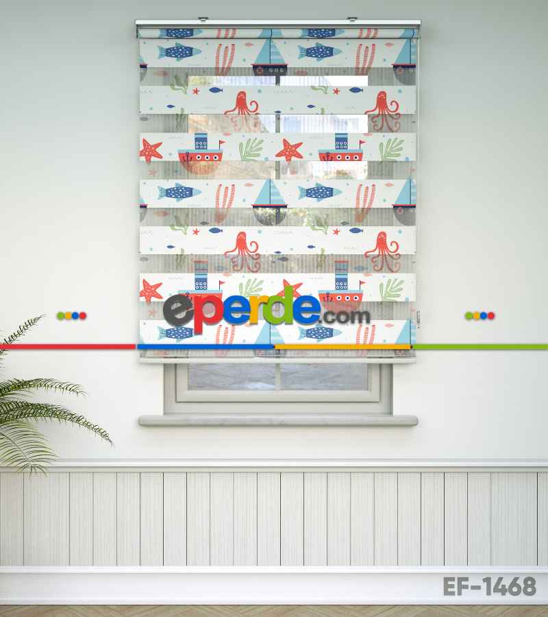 Denizci Temalı Desenli Baskılı Zebra Perde- Çok Renkli