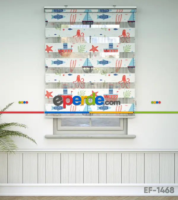 Bebek Odası Zebra Perde - Denizci Temalı Desenli Baskılı Zebra Perde- Çok Renkli