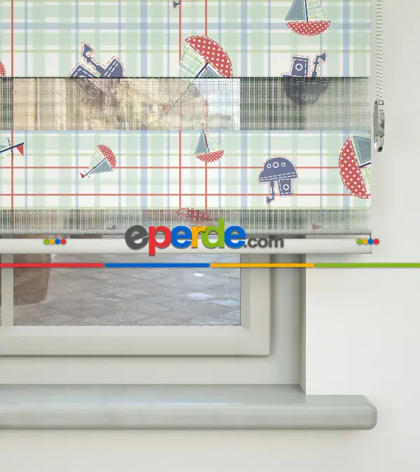 Bebek Odası Zebra Perde - Yelkenli Desen Baskılı Zebra Perde- Çok Renkli