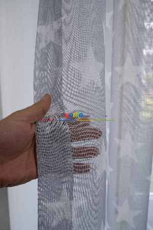 Kampanyalı Fiyat!! Gri Yıldız Desenli Keten Zeminli 1. Kalite Baskılı Etek Katlamalı Normal Pileli Tül Perde - Çocuk Odası