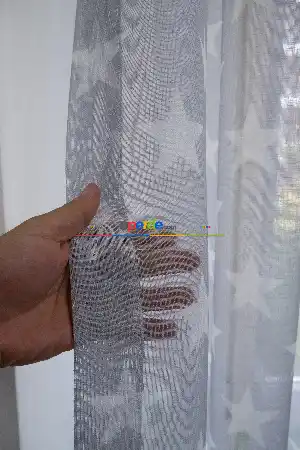 Kampanyalı Fiyat!! Gri Yıldız Desenli Keten Zeminli 1. Kalite Baskılı Etek Katlamalı Normal Pileli Tül Perde - Çocuk Odası