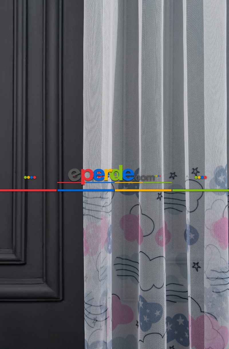 Hazır Ölçülü Petek Zemin Pembe Ve Açık Gri Renkli Bulut Desenli Grek Baskılı Tül Perde 120cm X 255cm 