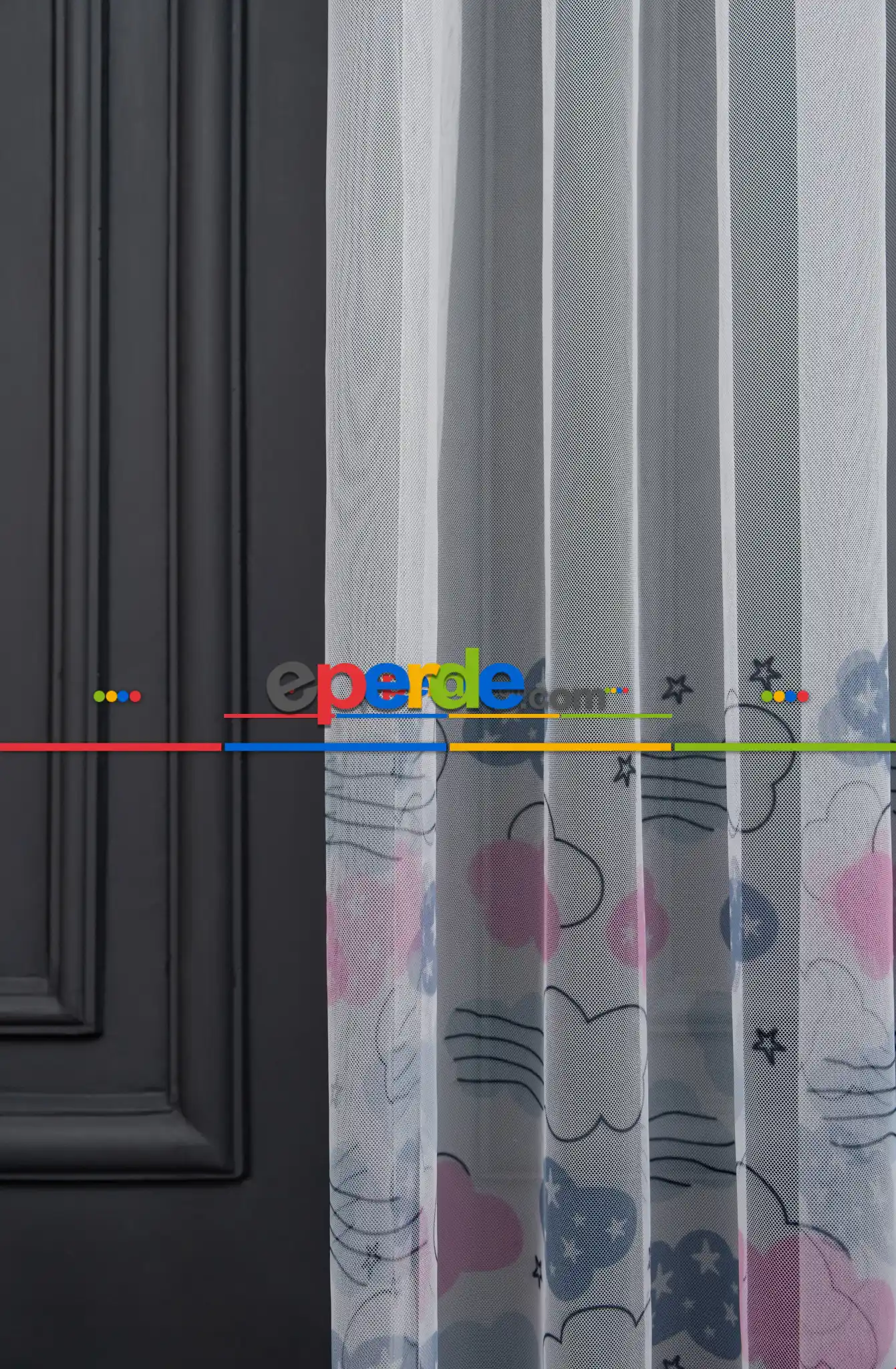 Hazır Ölçülü Petek Zemin Pembe Ve Açık Gri Renkli Bulut Desenli Grek Baskılı Tül Perde 120cm X 255cm 