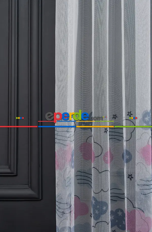 Hazır Ölçülü Petek Zemin Pembe Ve Açık Gri Renkli Bulut Desenli Grek Baskılı Tül Perde 120cm X 255cm 