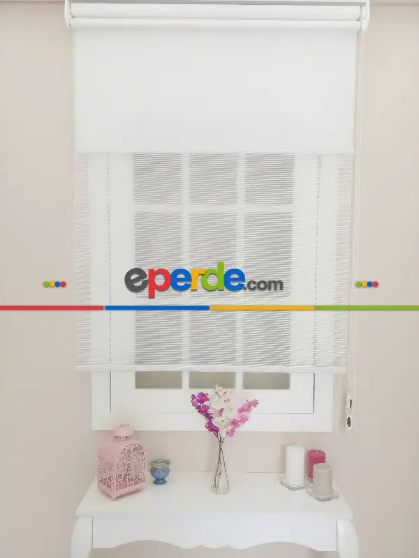 Çift Sistem Tül Stor Perde Clısson Series 1641- Beyaz İnce Çizgili Kare Sanal