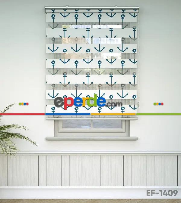 Bebek Odası Zebra Perde - Çapa Desen Baskılı Zebra Perde- Yeşil-Mavi