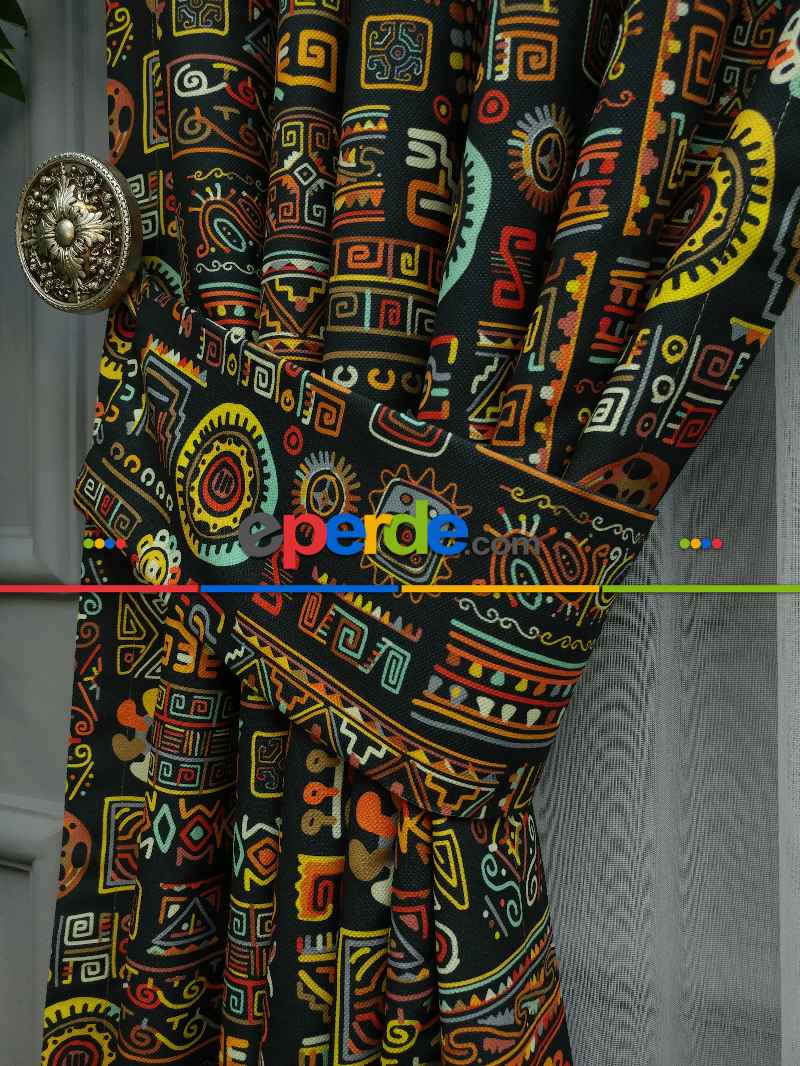 Etnik Desenli Fon Perde Evm273 _e - Kumaşı Kalındır Duck Bezi Değildir.- Siyah-Sarı-Antrasit