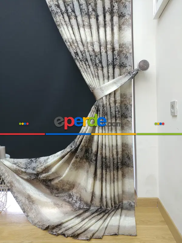 Gökkuşagı Desenli Jakar Fon Perde - Kahve