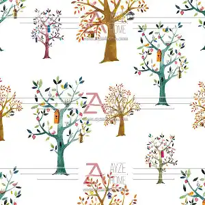 Salon Ve Mutfak - Ağaçlar Desen Baskılı Zebra Perde- Yeşil-Ekru-Kahve-Su Yeşili