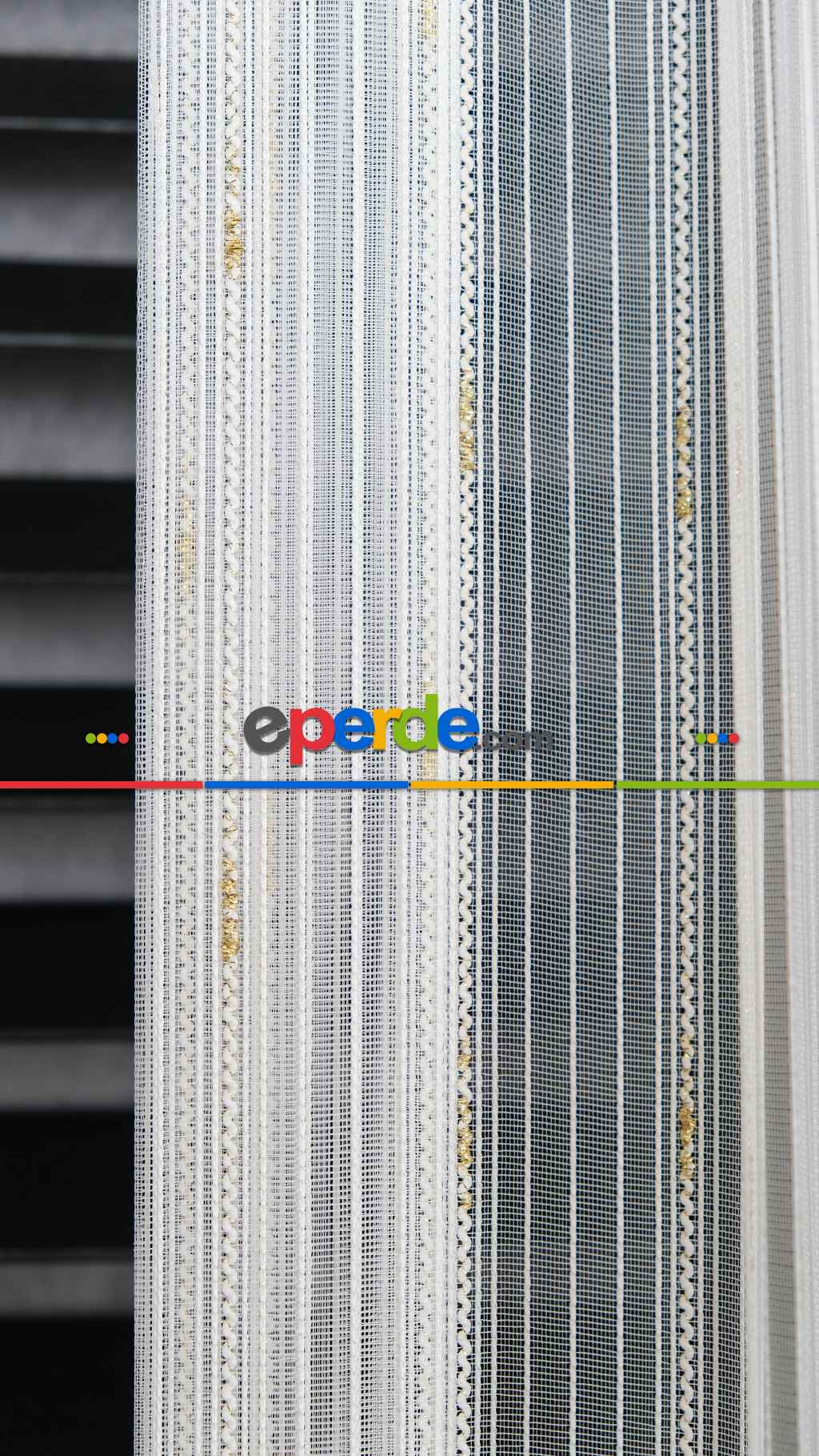 Ekru Zincir Çizgilli Altın Simli Tül Perde