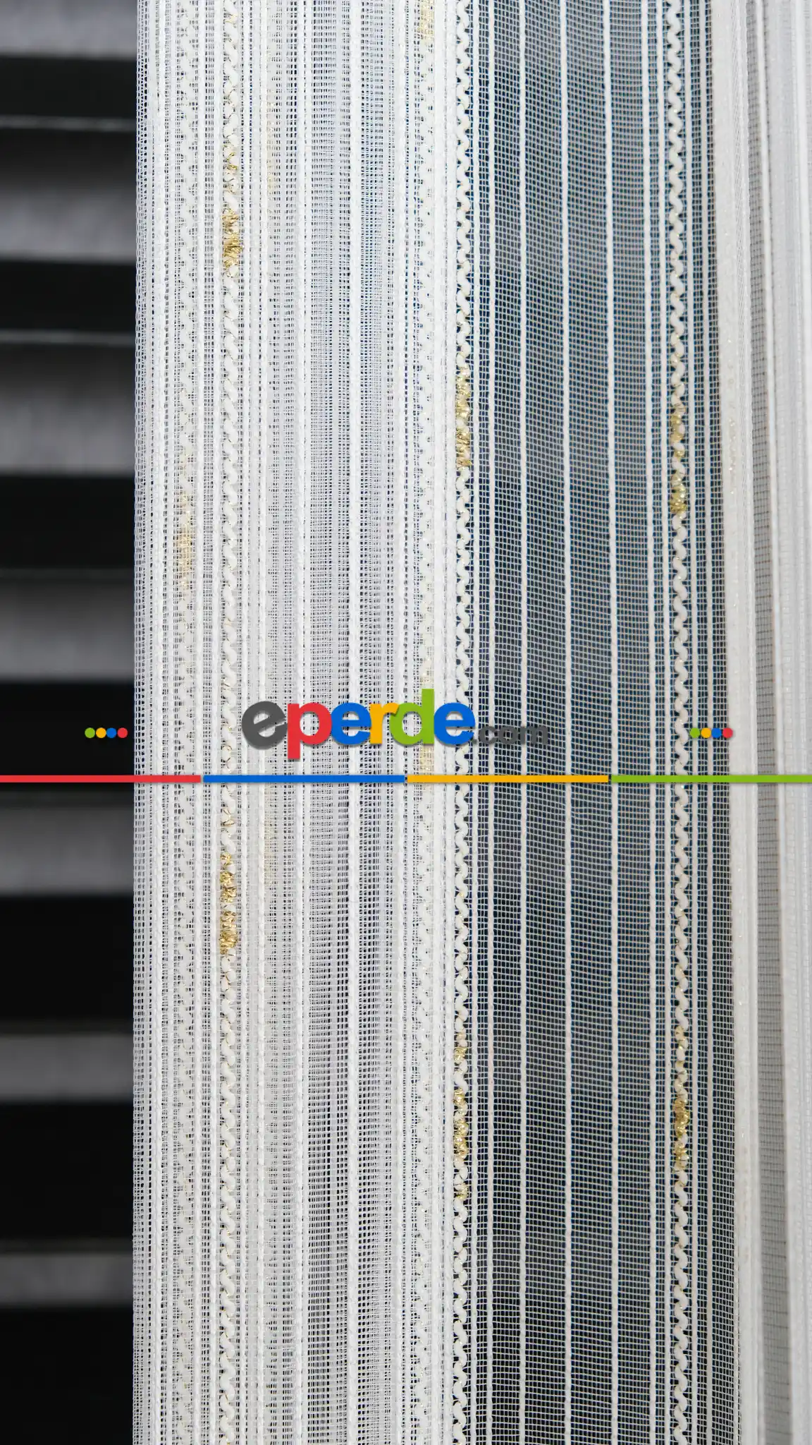 Ekru Zincir Çizgilli Altın Simli Tül Perde