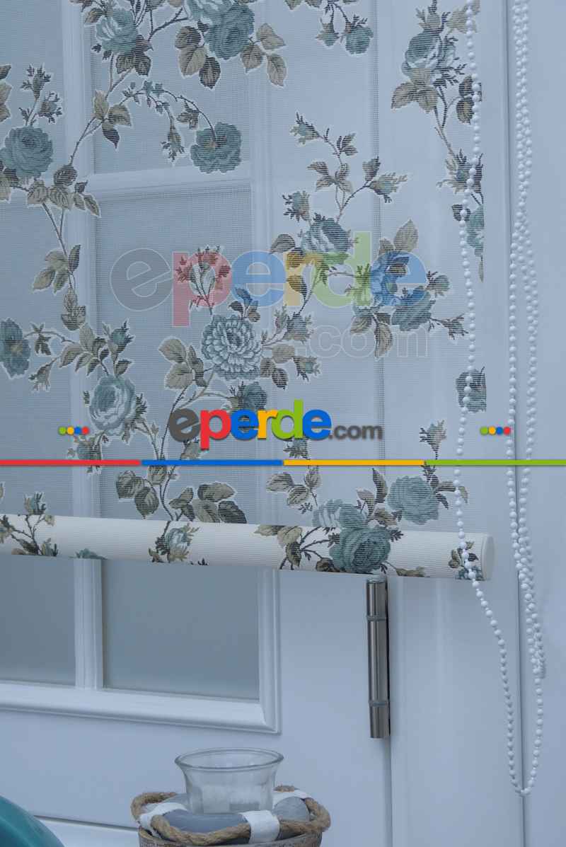 Çiçek Desenli Yakma Tül Çiftli Sistem İkili Perde Turkuaz- Turkuaz