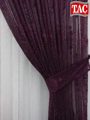 Patlıcan Moru - Damask Desenli Taç Tül Fon Perde- Mor Patlıcan Moru