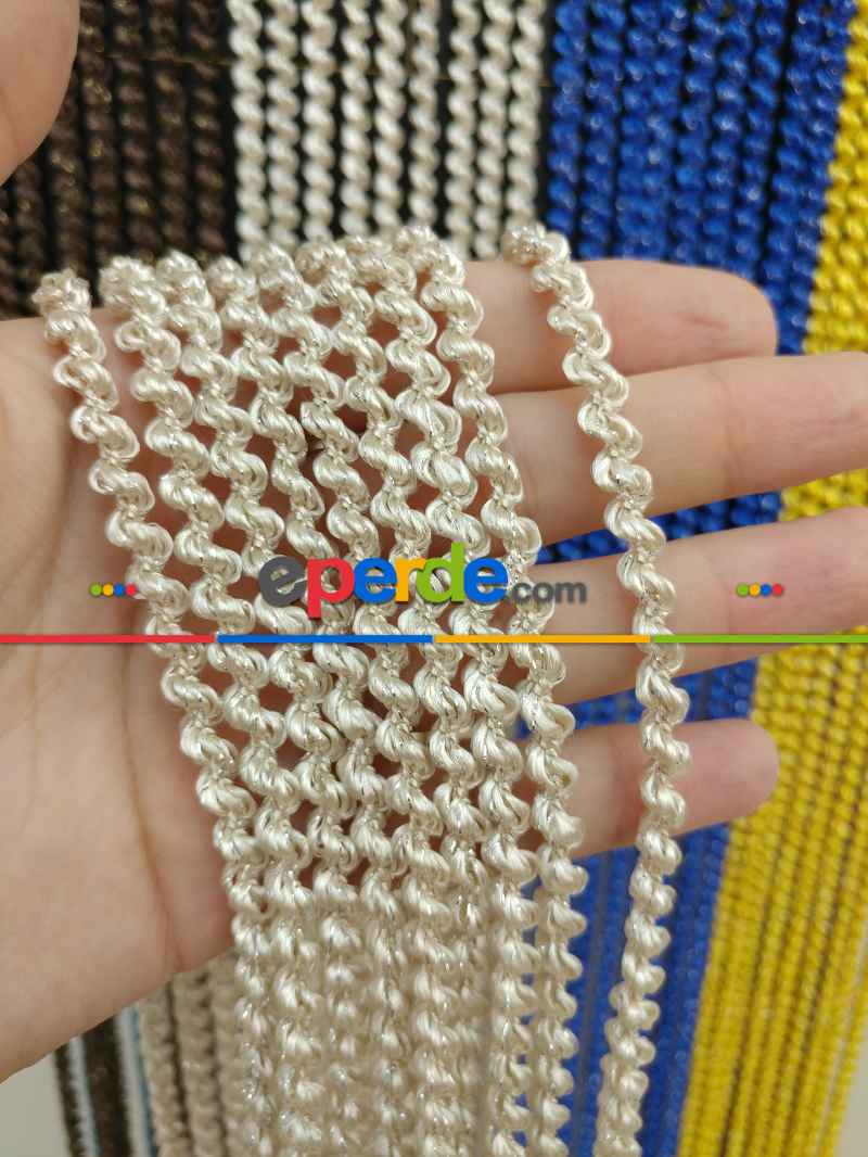 Mutfak İp Perde - Açık Bej Rengi İp Perde Bukle Serisi- Bej-gümüş