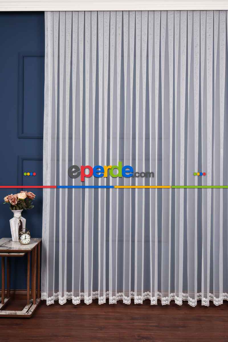 Grek Etek Ucu İşlemeli Nakış Tül Papatya Desen Ekru Renk Kırık Beyaz- Ekru - Kurşunlu Tül