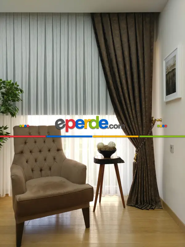 Patinedesenli Kahve Renk Jakar Desenli Fon Perde- Kahve