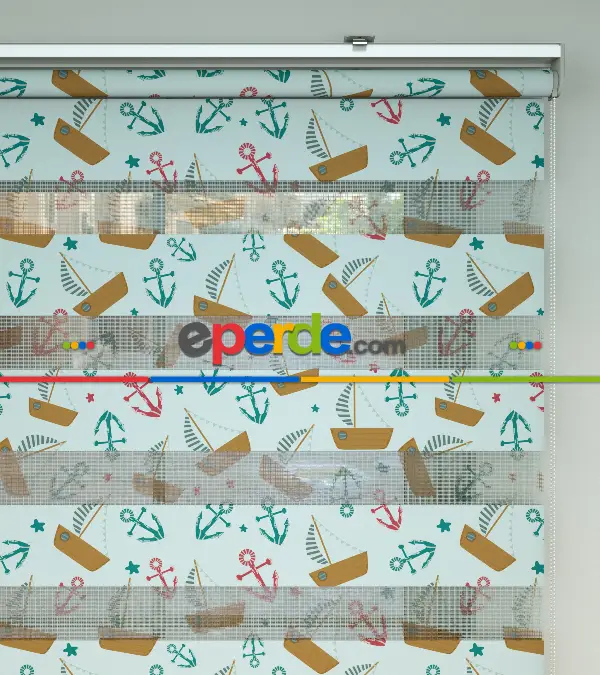 Bebek Odası Zebra -  Denizci Desenli Baskılı Zebra Perde- Yeşil-Kırmızı-Çok Renkli-Camel