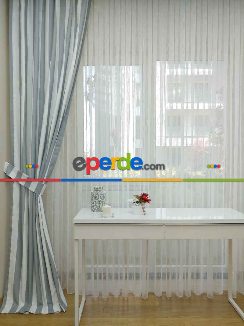 Gri Beyaz Çizgili Kaliteli Fon Perde Modelleri- Mavi-Beyaz