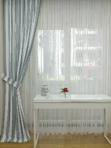 Gri Beyaz Çizgili Kaliteli Fon Perde Modelleri- Mavi-Beyaz