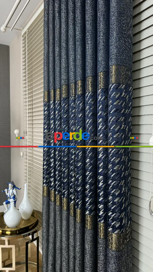 Lacivert Mavi Altın Fon Perde, Kazayağı Desenli Jakar Dokumadır. Pano Fon