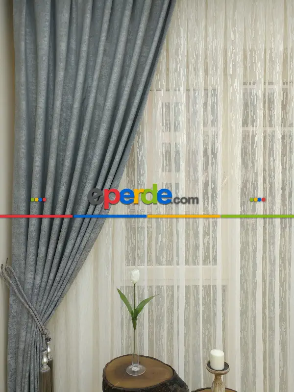 Patinedesenli Gri - Düz Jakar Fon Perde (280)- Gri-füme-antrasit