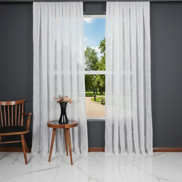 Minimal Çizgili Ekru Keten Tül Perde | Modern Ve Zarif Görünüm