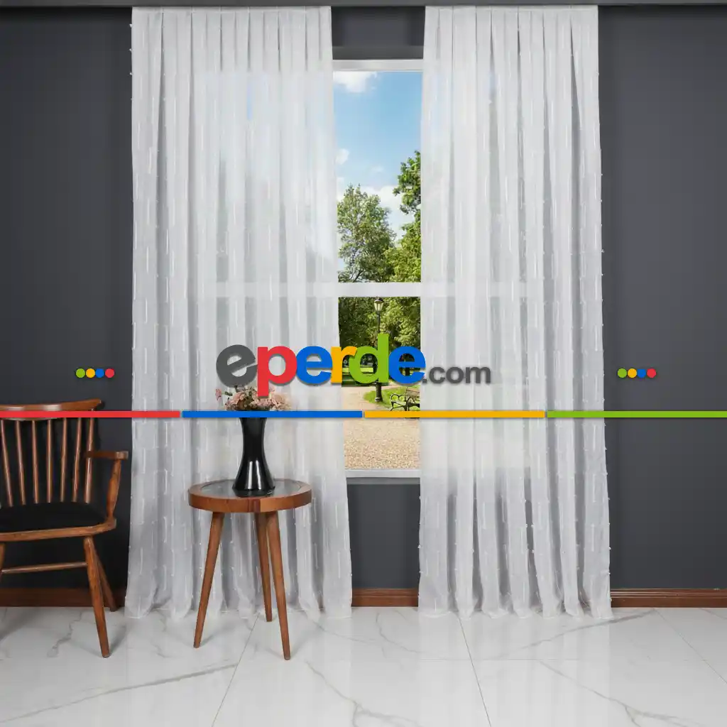 Minimal Çizgili Ekru Keten Tül Perde | Modern Ve Zarif Görünüm