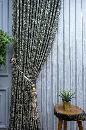 Patinedesenli Carmen Jakar Dokuma Fon Perde- Yeşil-bej