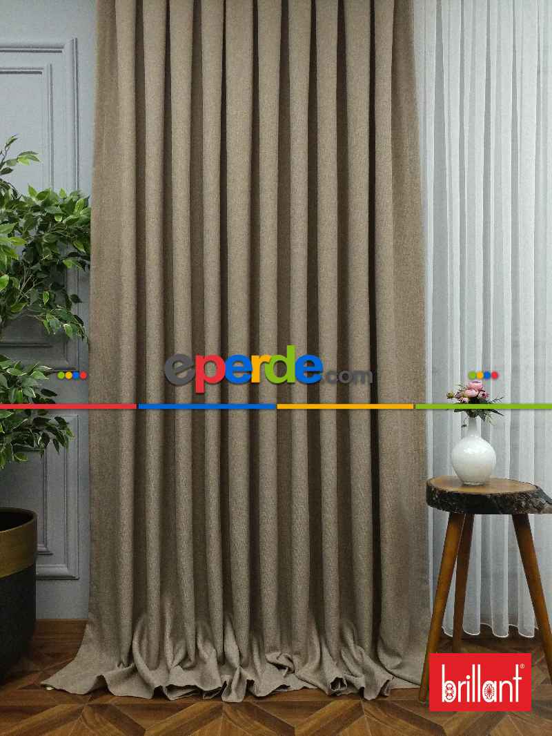 Brillant Keten Açık Camel Neskafe Renk Düz Fon Perde - Açık Camel
