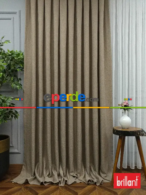 Yatak Odası - Brillant Keten Açık Camel Neskafe Renk Düz Fon Perde - Açık Camel