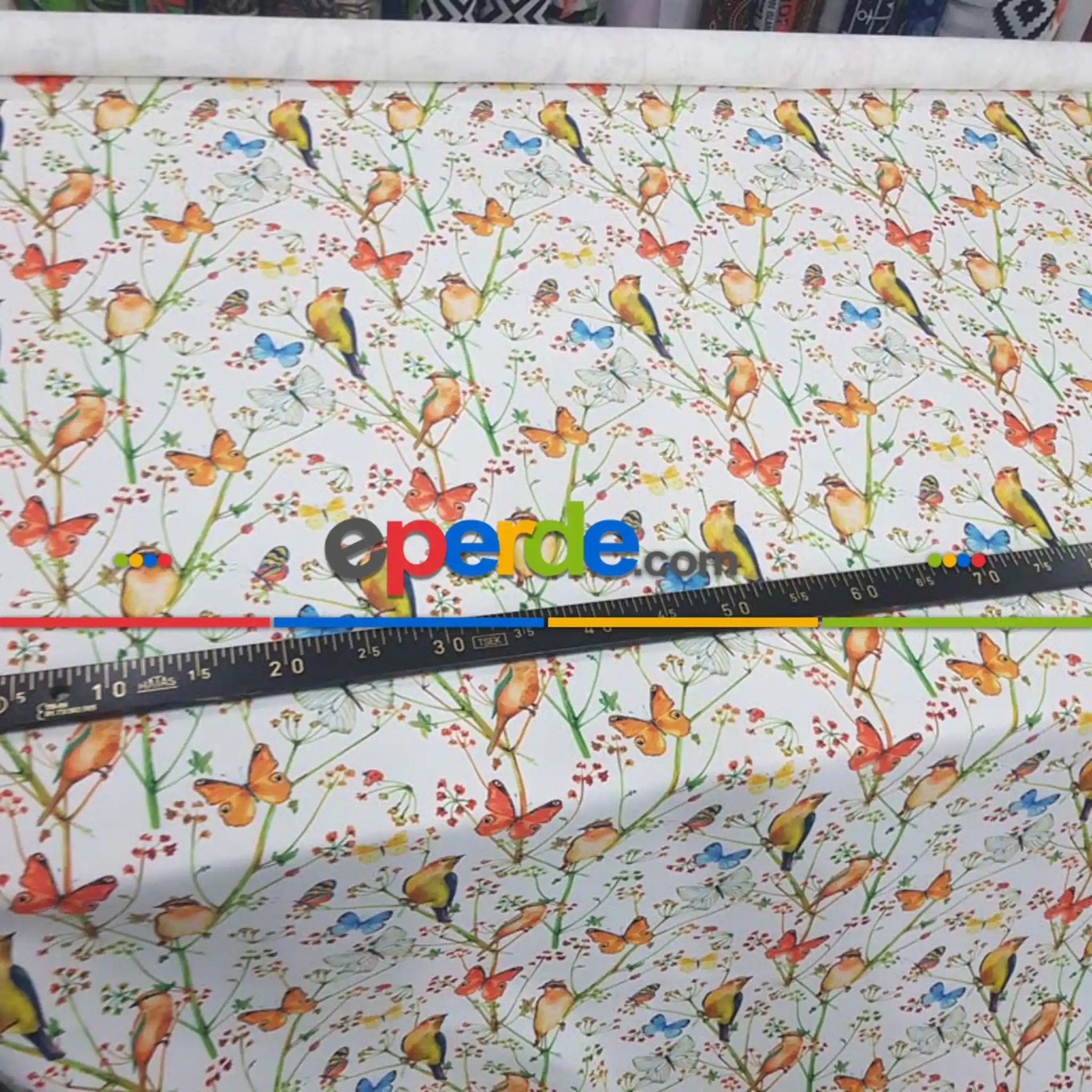 Kuş ,kelebek Ve Çiçek Desenli Fon Perde Evm829 Kumaşı Kalındır Duck Bezi Değildir- Beyaz- Çok Renkli 3