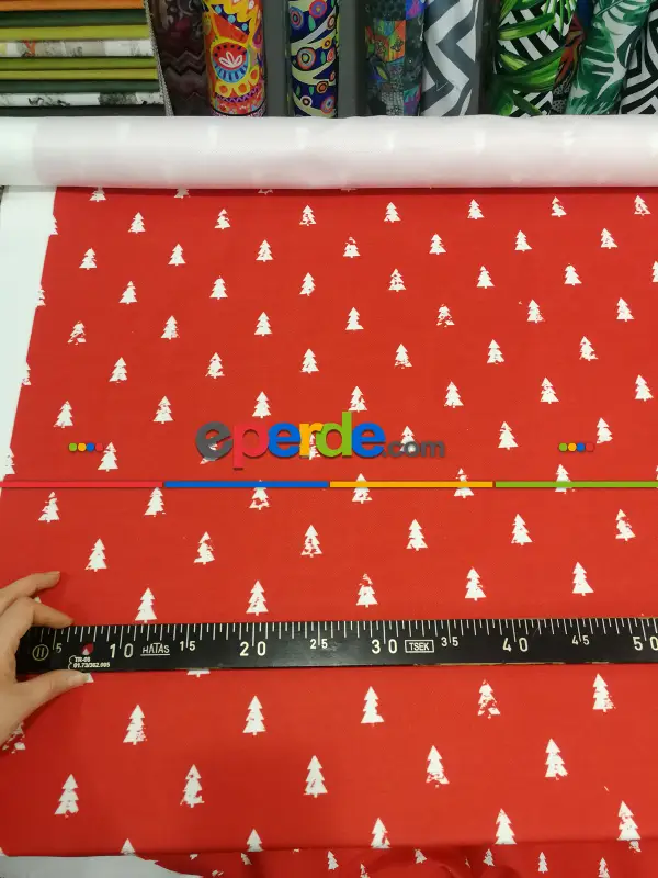 Çam Ağacı Desenli Fon Perde Evm751-5 Kumaşı Kalındır Duck Bezi Değildir- Beyaz-Bordo