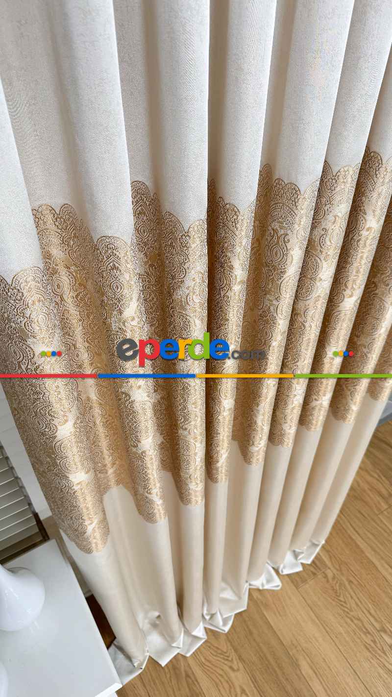 Krem Altın Fon Perde, Damask Desenli