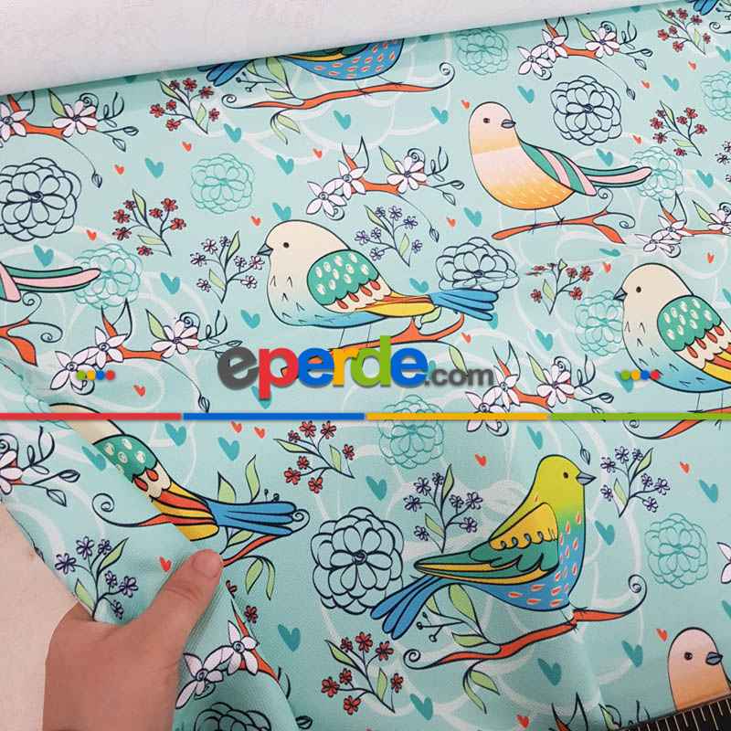 Kuş Desenli Fon Perde Evm1087-3 Kumaşı Kalındır Duck Bezi Değildir- Beyaz-Mavi Açık