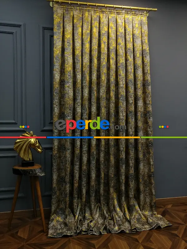 Yatak Odası - PatineDesenli Modern Desenli Jakarlı Fon Perde Yeni Seri 401- Gri-füme-antrasit-füme-altın