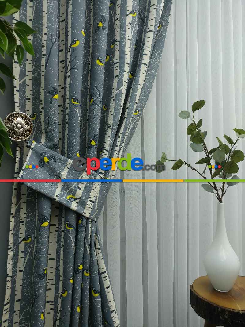 Mutfak Perdesi Kanat Fon Perde Kuş Desenli- Sarı