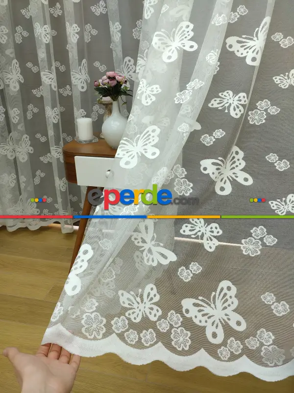 Çocuk Odası Tül Perde - Kelebek Tül Perde- Ekru