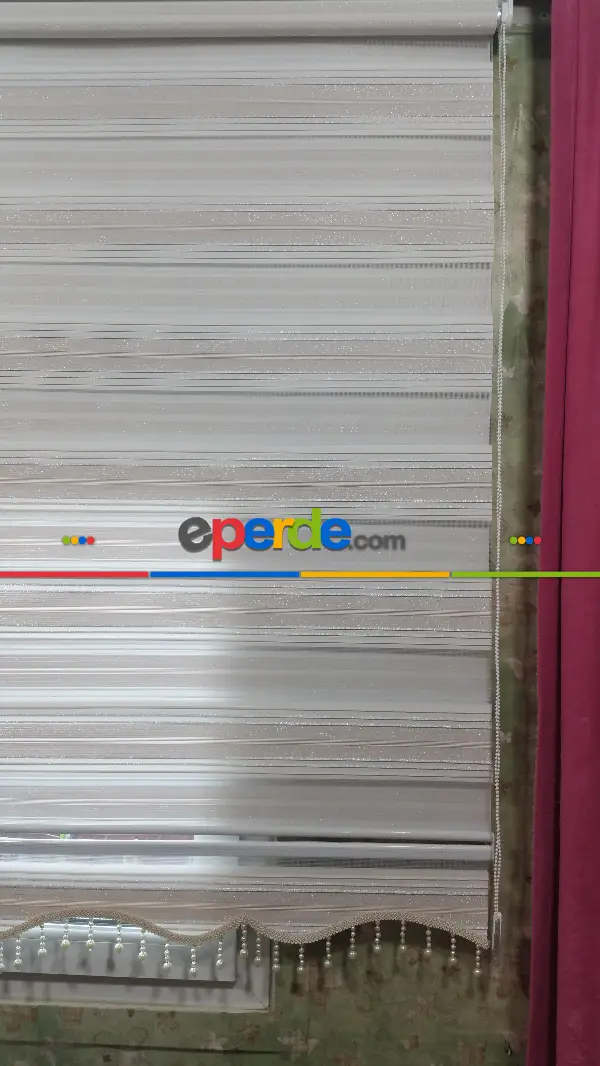 Oturma Odası - Elit Simli Pileli Zebra Perde Pudra Pembe - Gümüş Simli