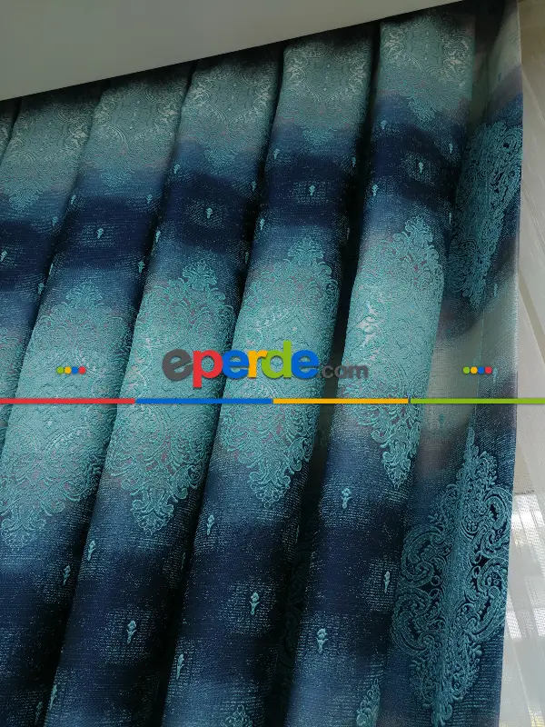 Salon Fon Perde - Fon Perde Turkuaz Damask Desenli(fon Demiri Hediyeli)- Turkuaz