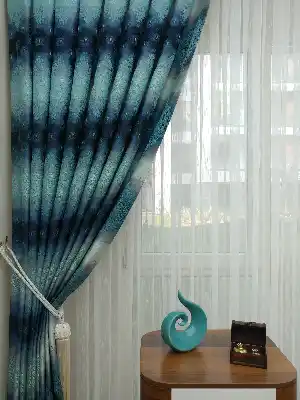 Salon Fon Perde - Fon Perde Turkuaz Damask Desenli(fon Demiri Hediyeli)- Turkuaz